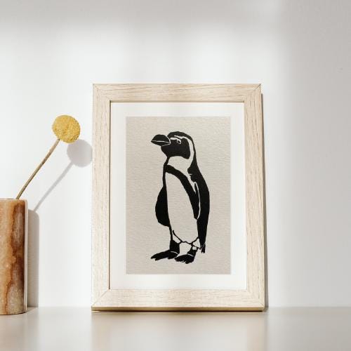 Handmade Original Linocut Print - African Penguin