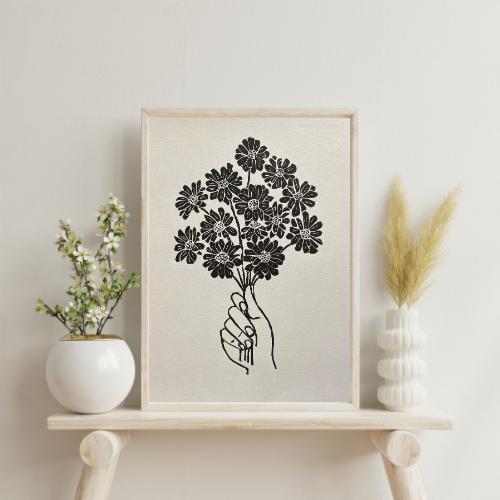 Handmade Original Linocut Print - Handful of Daisies