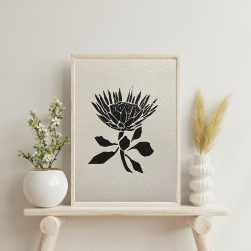 Handmade Original Linocut Print - King Protea