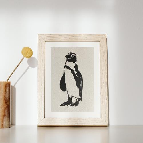 Handmade Original Linocut Print - African Penguin