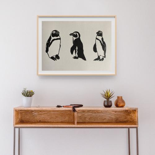 Handmade Original Linocut Print - African Penguin Trio
