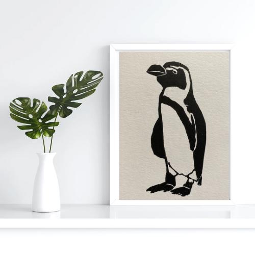 Handmade Original Linocut Print - African Penguin