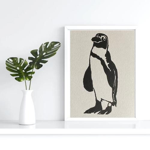 Handmade Original Linocut Print - African Penguin