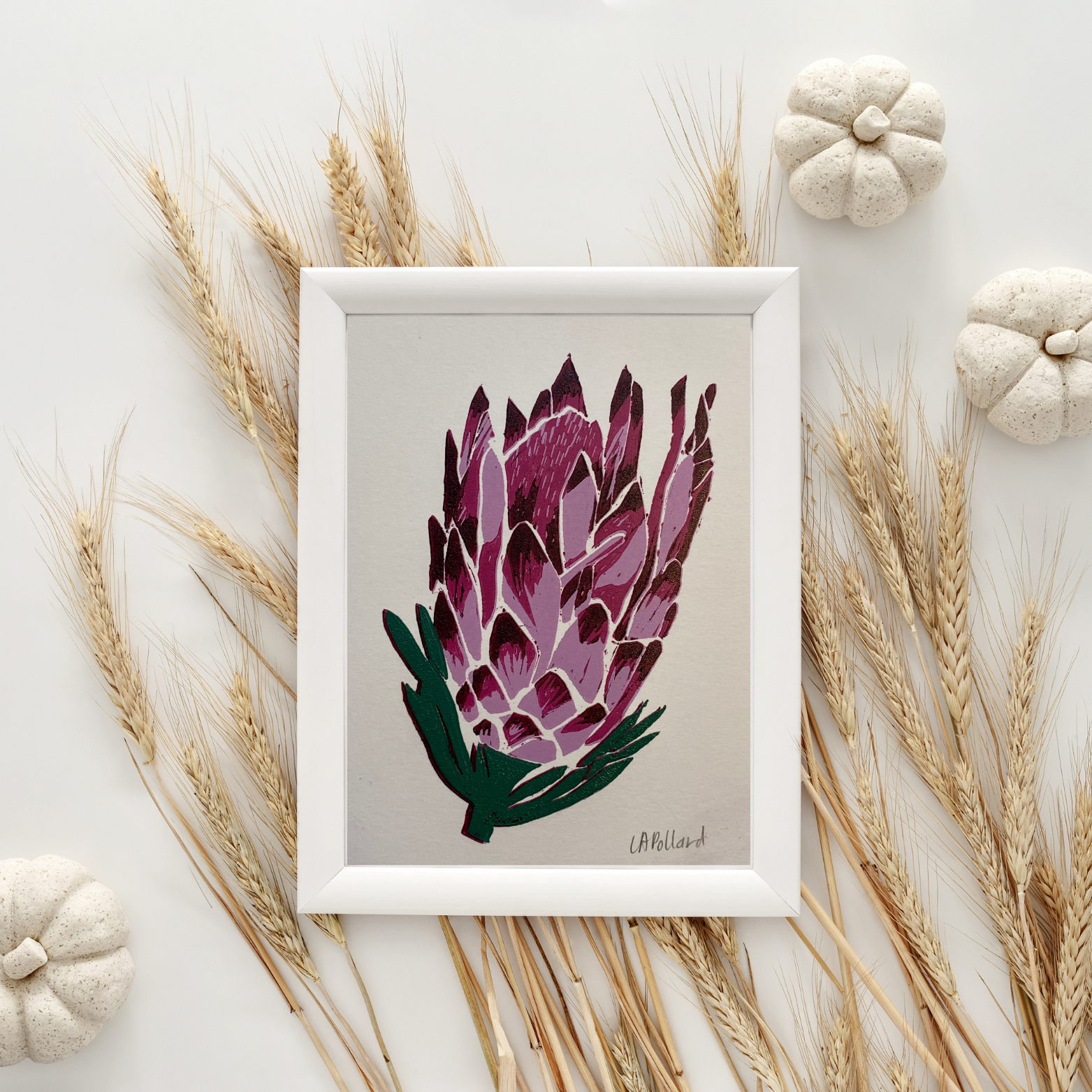 Handmade Original Linocut Reduction Print - Protea (A6)