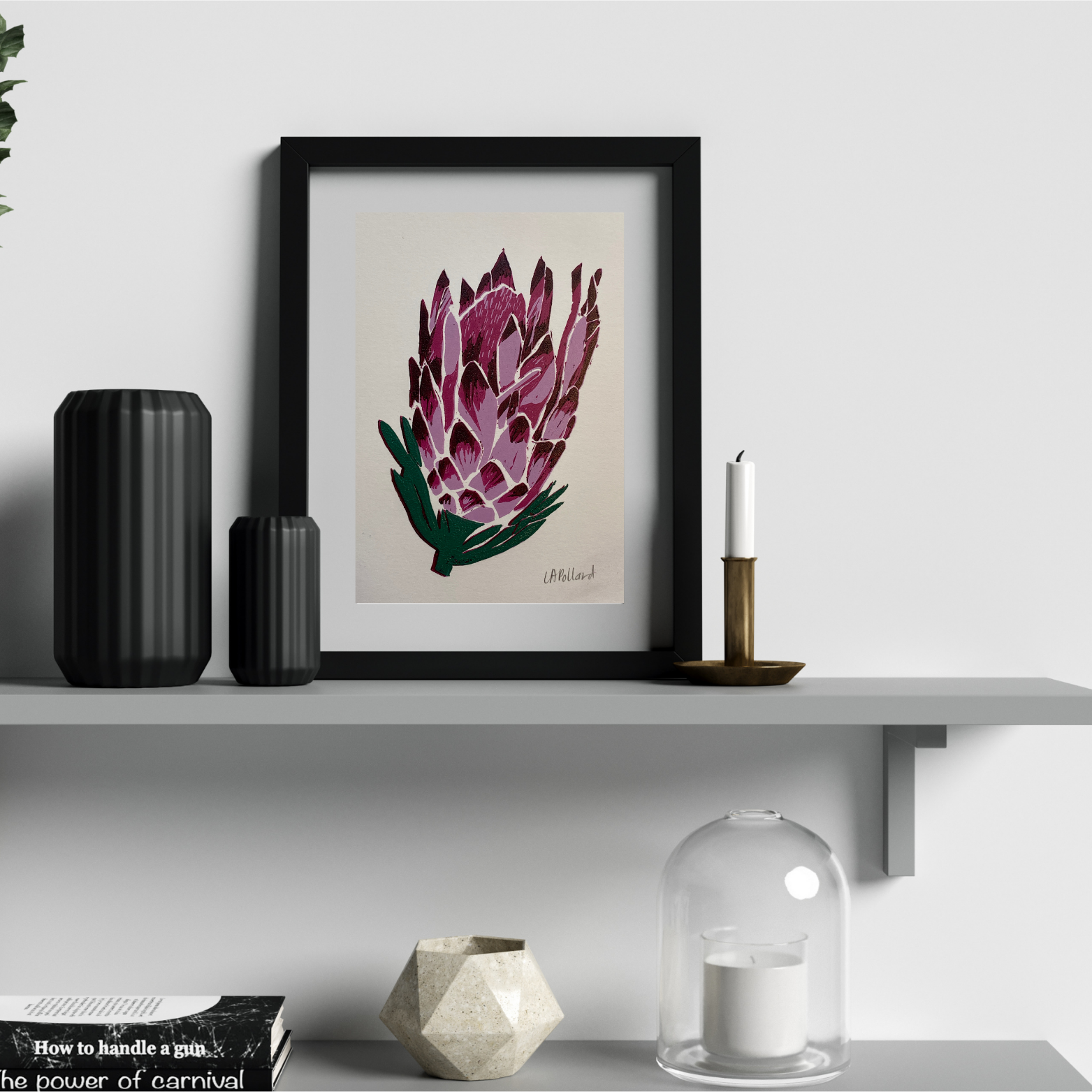 Handmade Original Linocut Reduction Print - Protea (A6)
