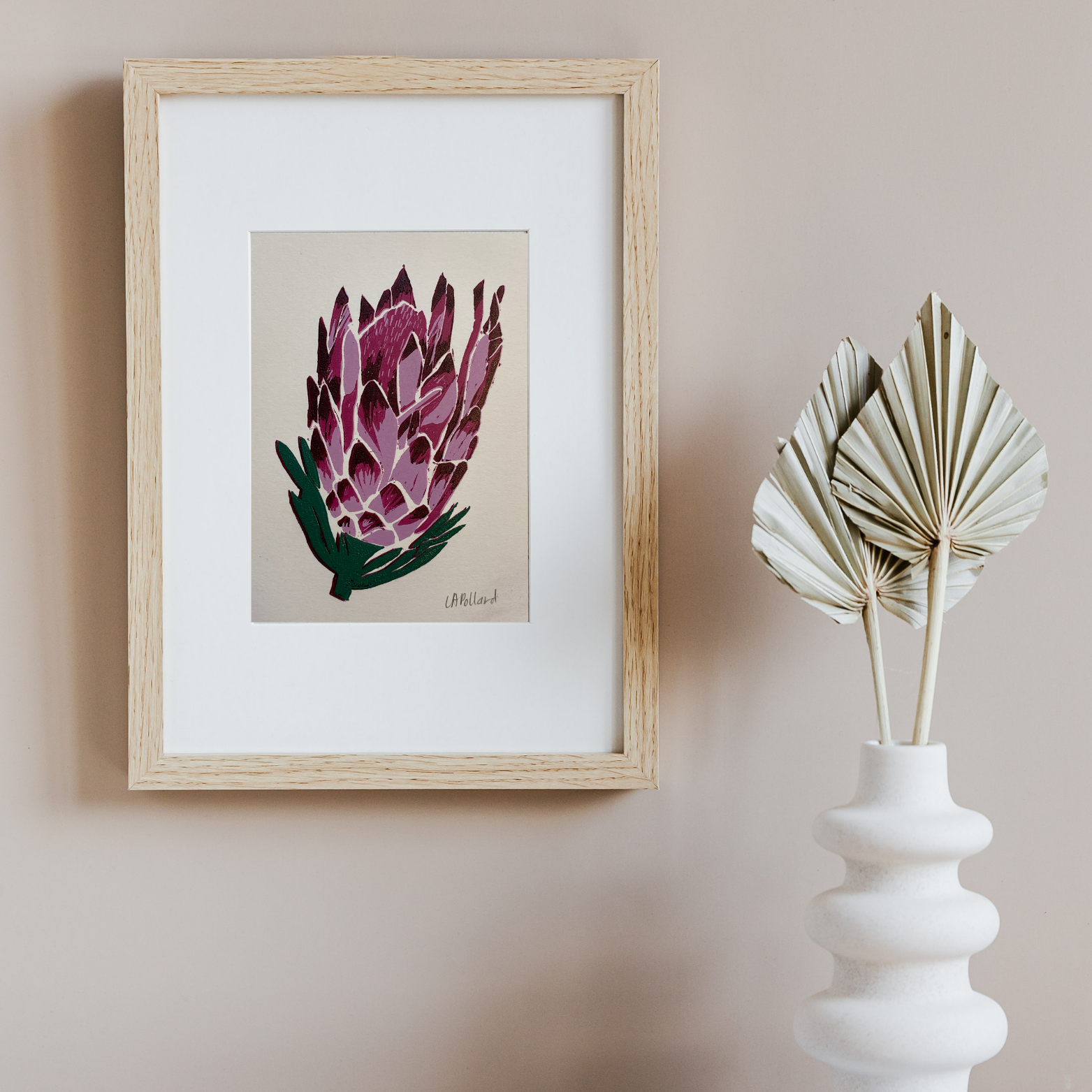 Handmade Original Linocut Reduction Print - Protea (A6)