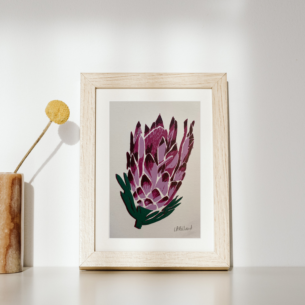Handmade Original Linocut Reduction Print - Protea (A6)