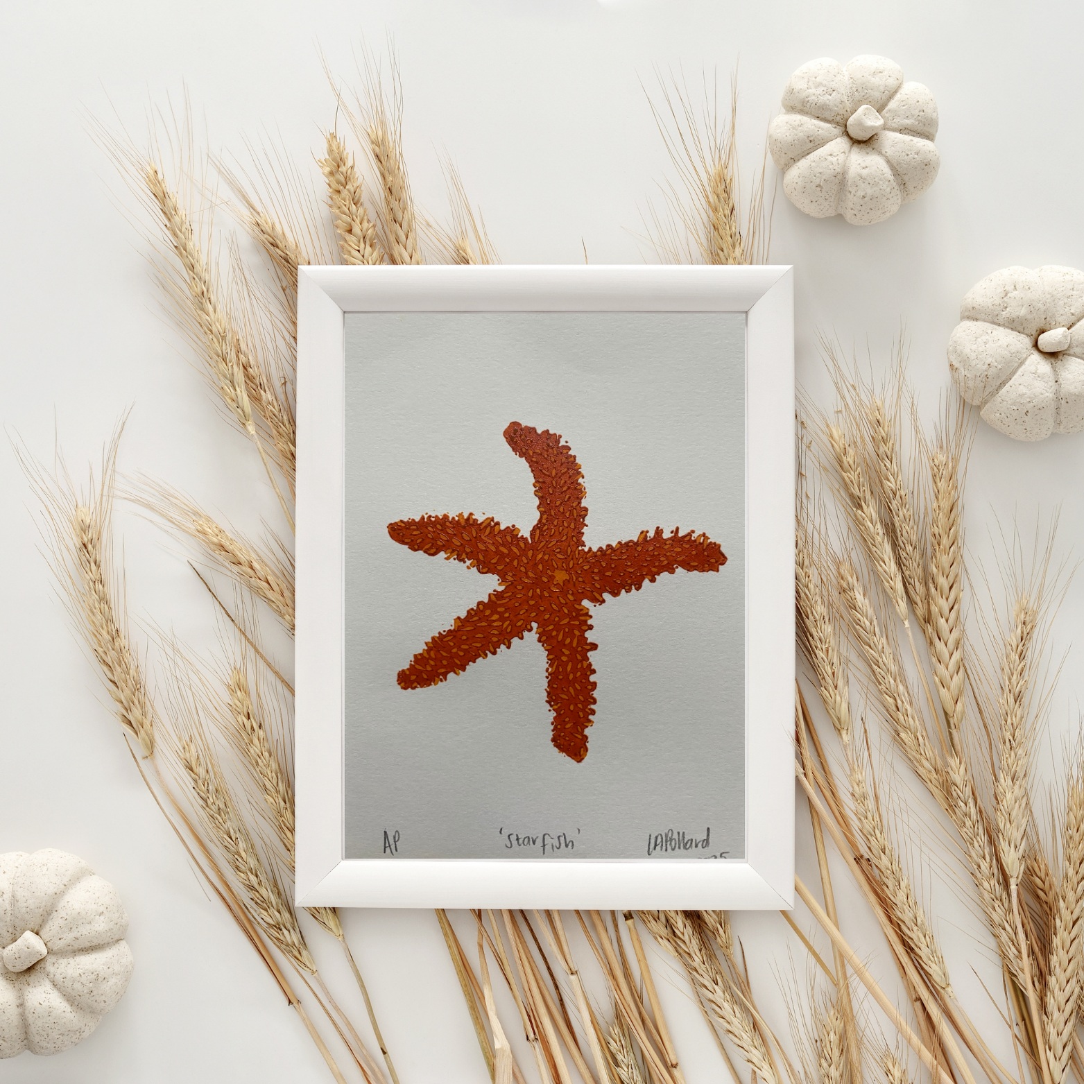Handmade Original Linocut Reduction Print - Starfish