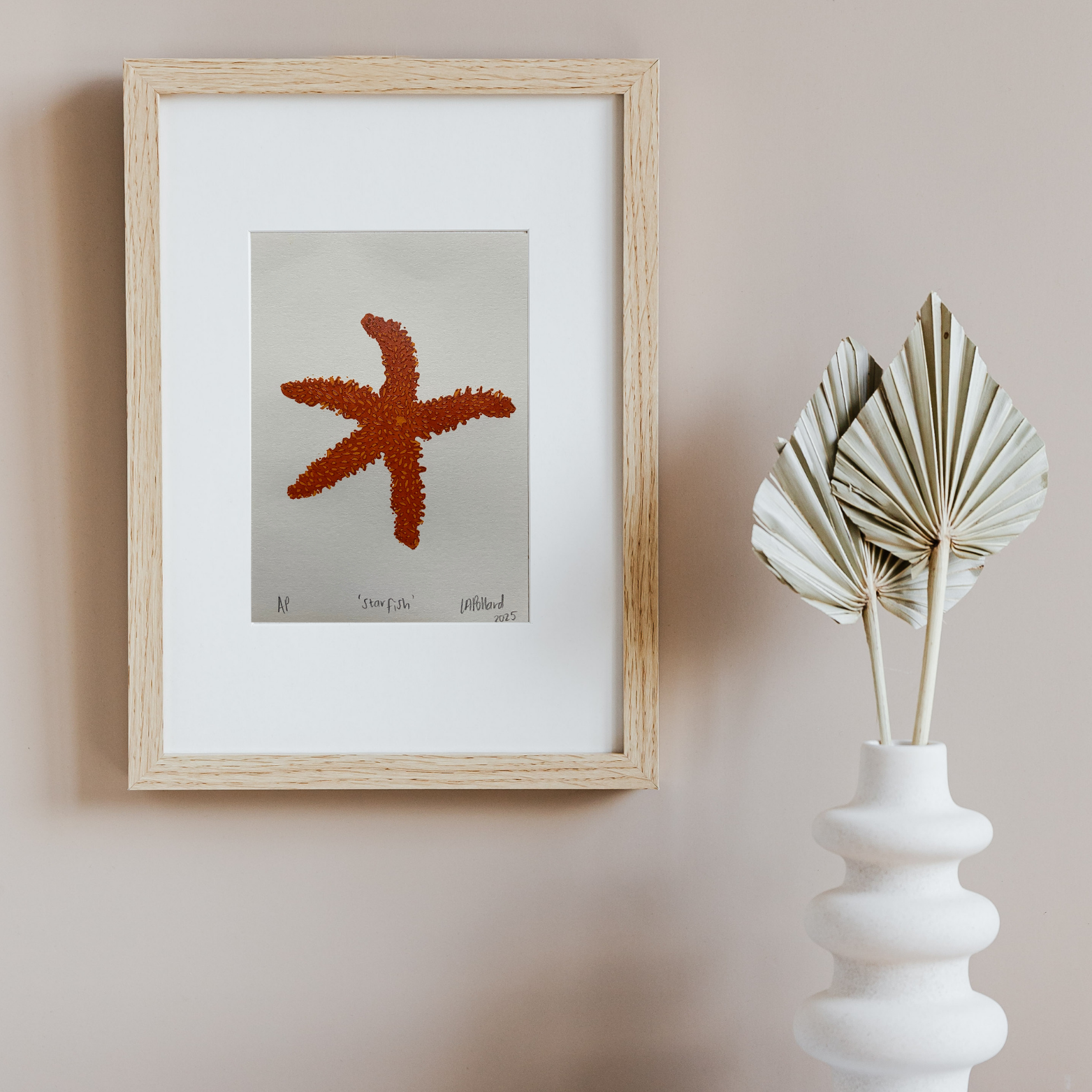 Handmade Original Linocut Reduction Print - Starfish