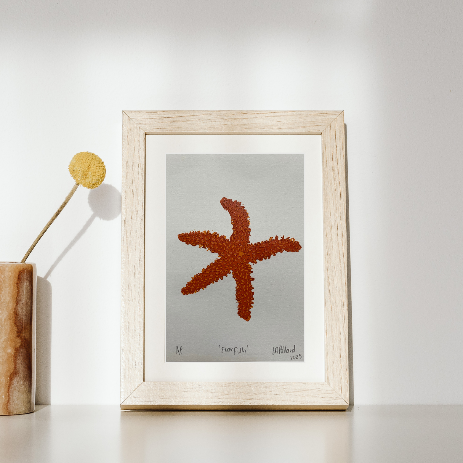 Handmade Original Linocut Reduction Print - Starfish