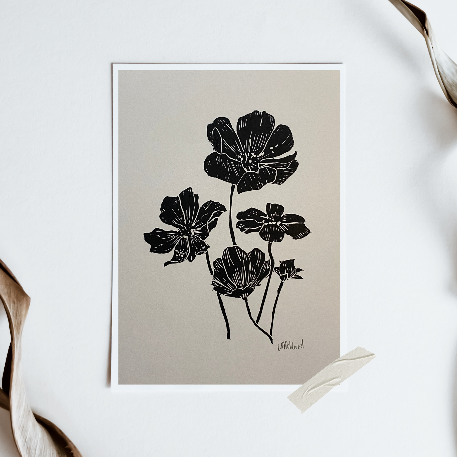 Handmade Original Linocut Print - Cosmos
