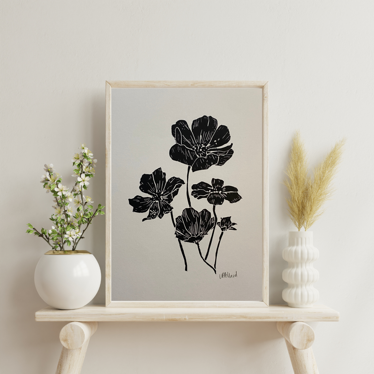Handmade Original Linocut Print - Cosmos