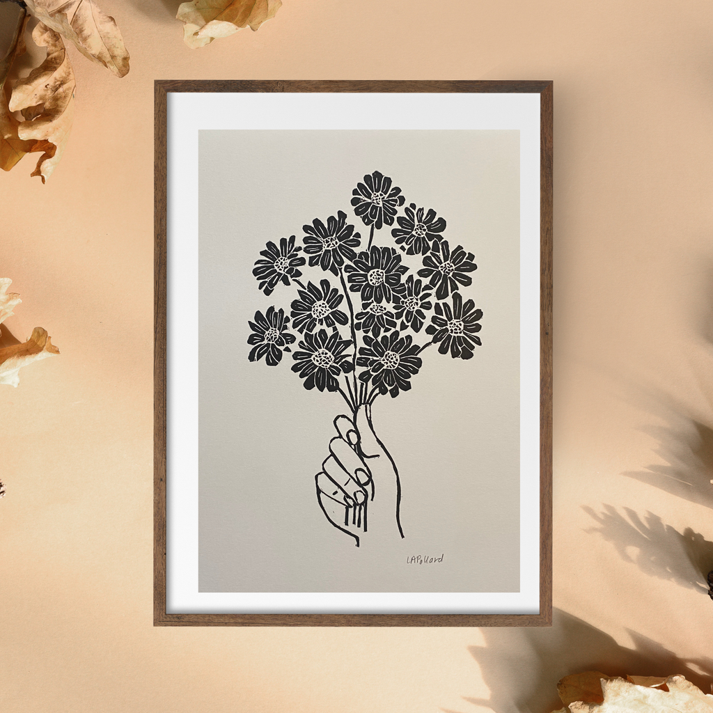 Handmade Original Linocut Print - Handful of Daisies