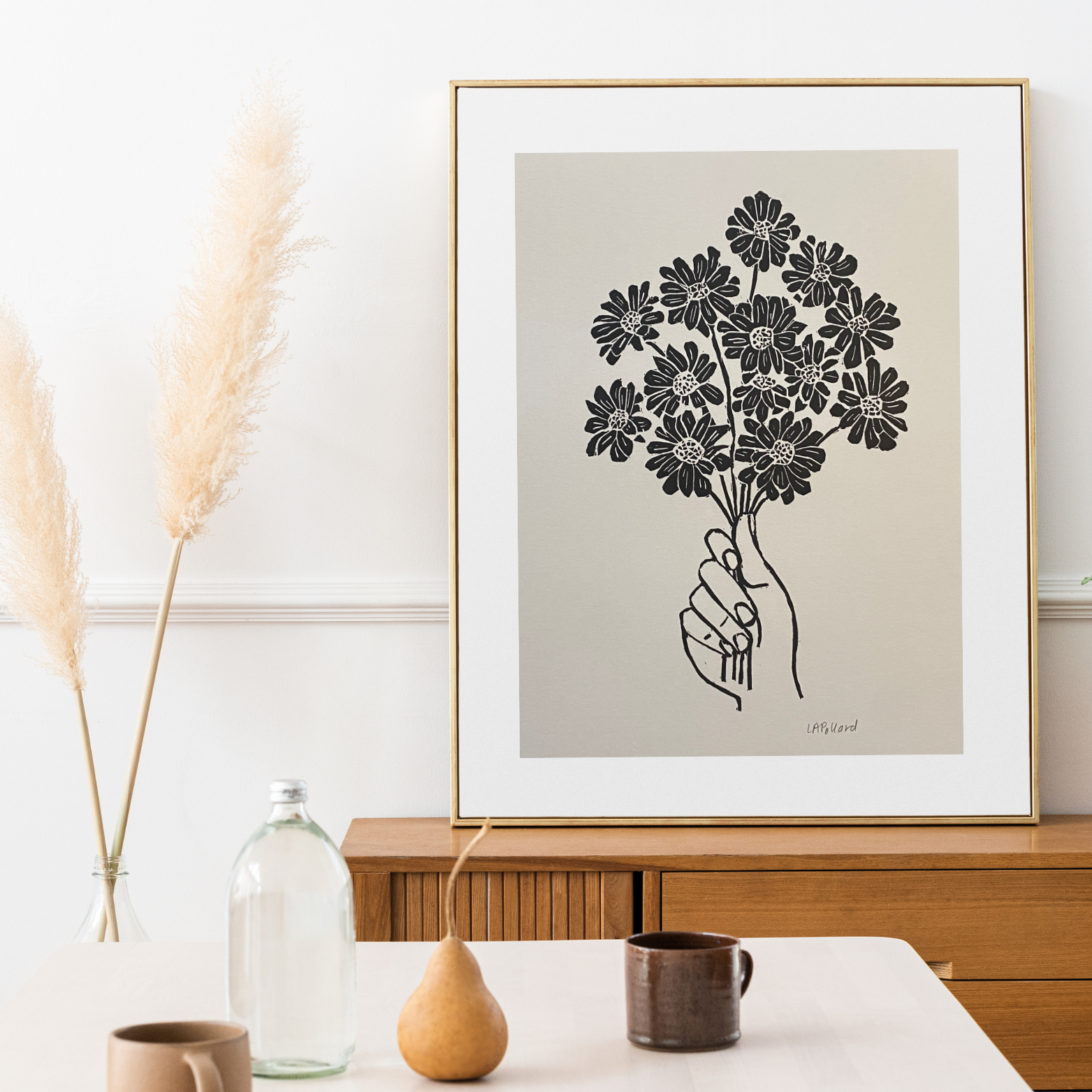 Handmade Original Linocut Print - Handful of Daisies
