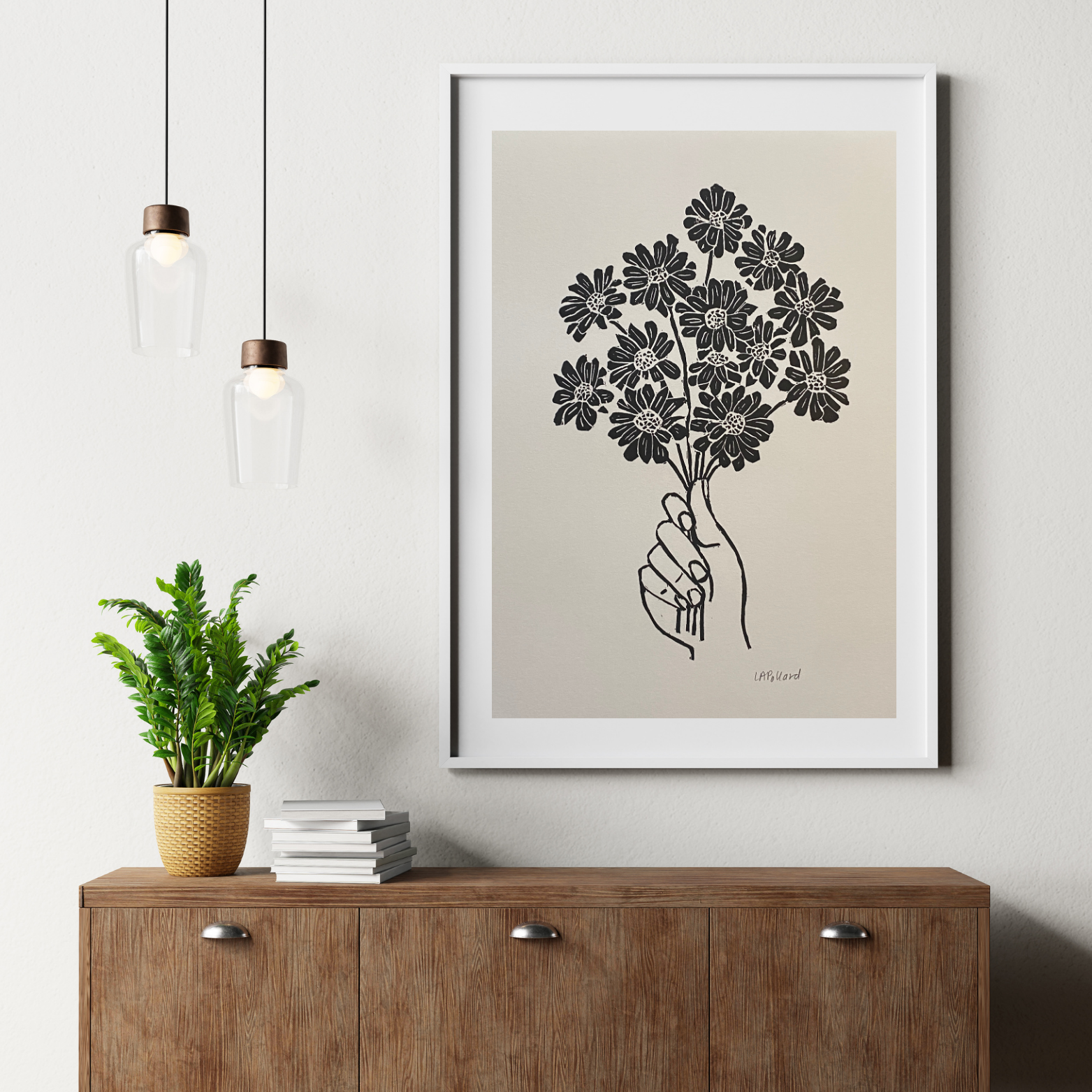 Handmade Original Linocut Print - Handful of Daisies