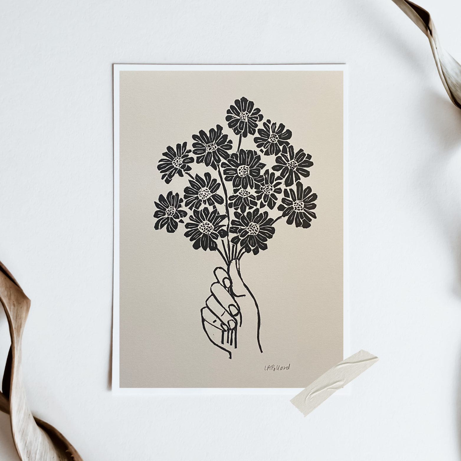 Handmade Original Linocut Print - Handful of Daisies