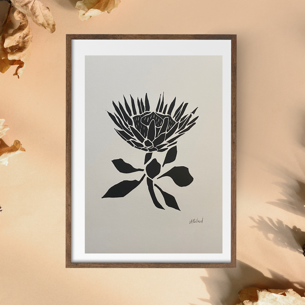 Handmade Original Linocut Print - King Protea