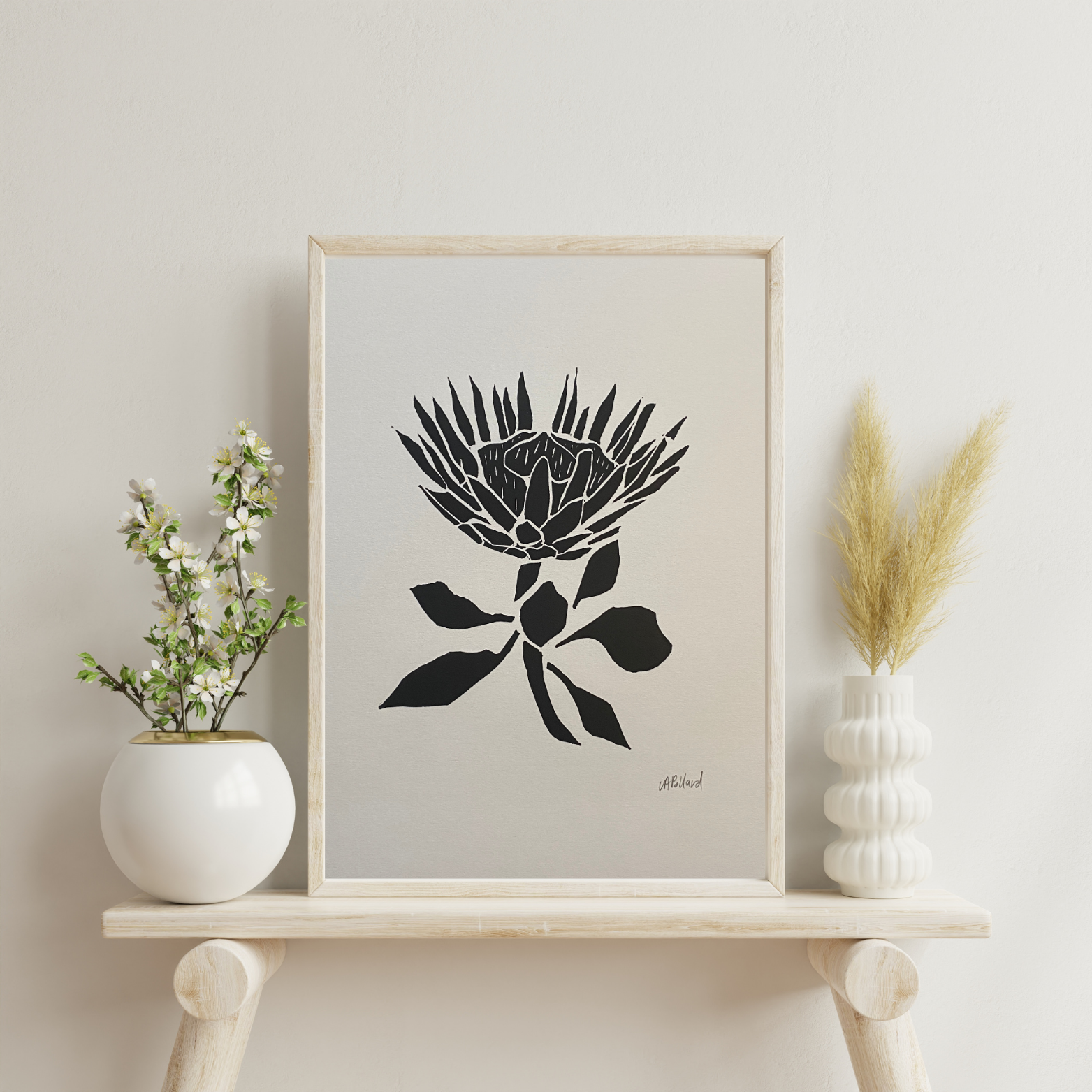 Handmade Original Linocut Print - King Protea