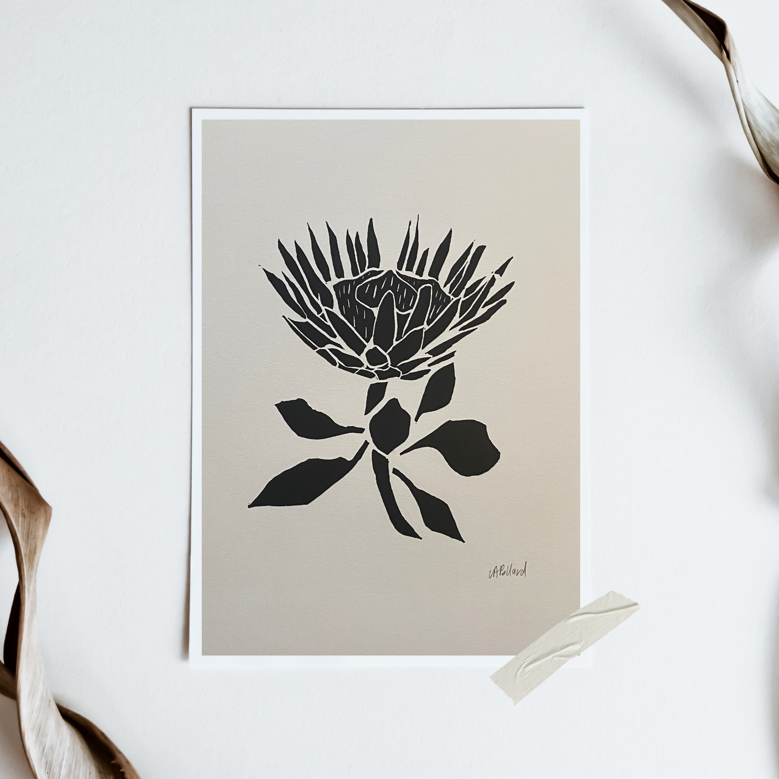 Handmade Original Linocut Print - King Protea
