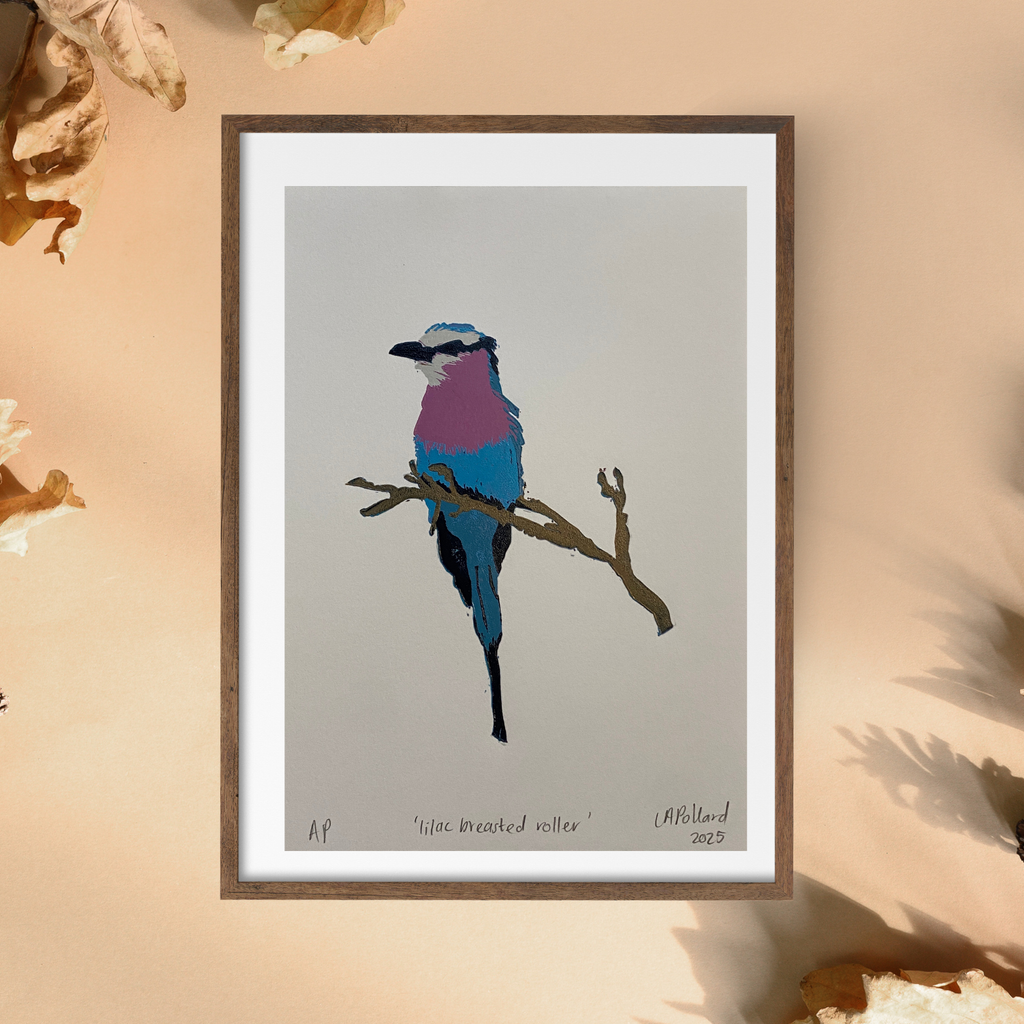 Handmade Original Linocut Reduction Print - Lilac Breasted Roller