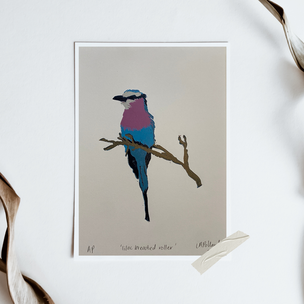 Handmade Original Linocut Reduction Print - Lilac Breasted Roller