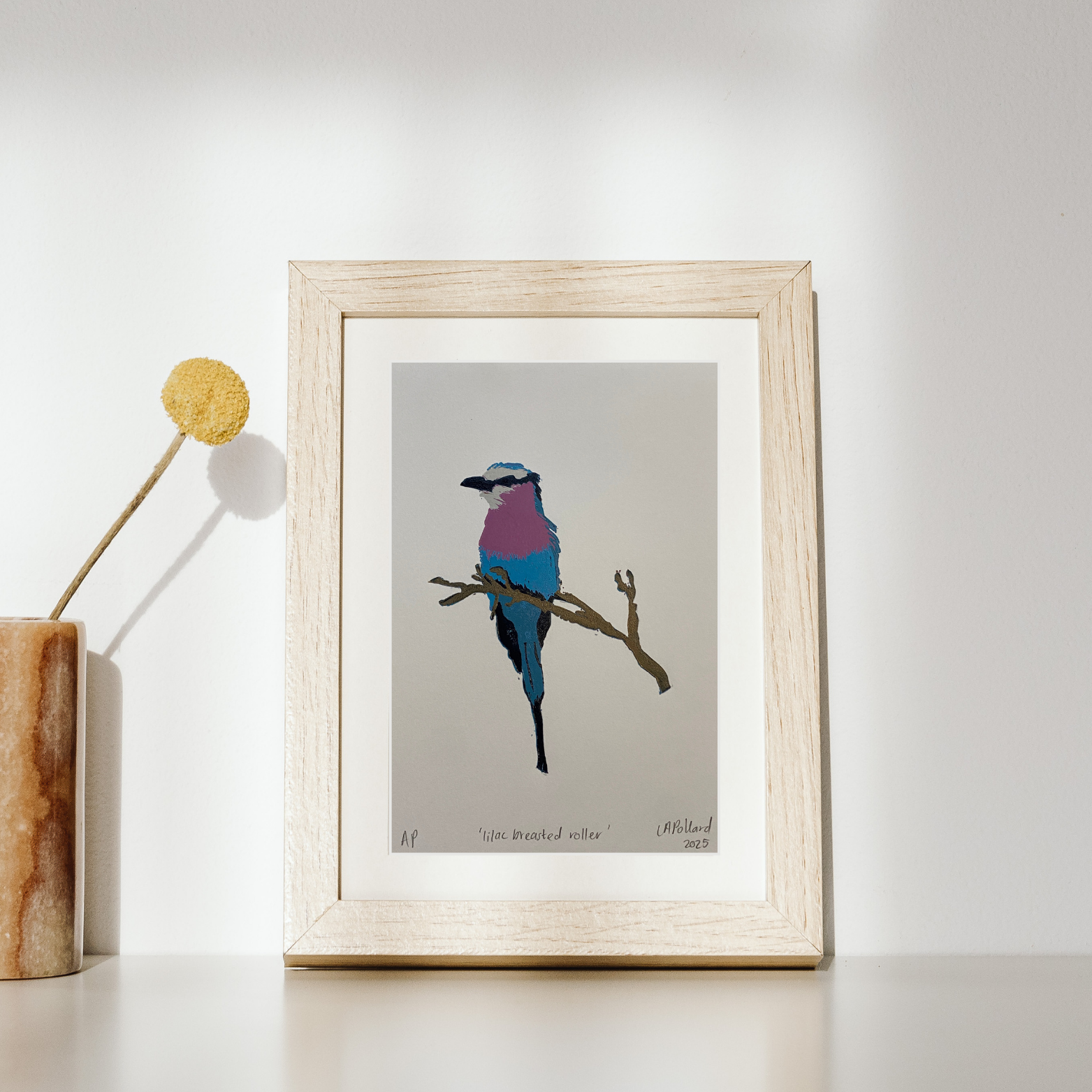 Handmade Original Linocut Reduction Print - Lilac Breasted Roller