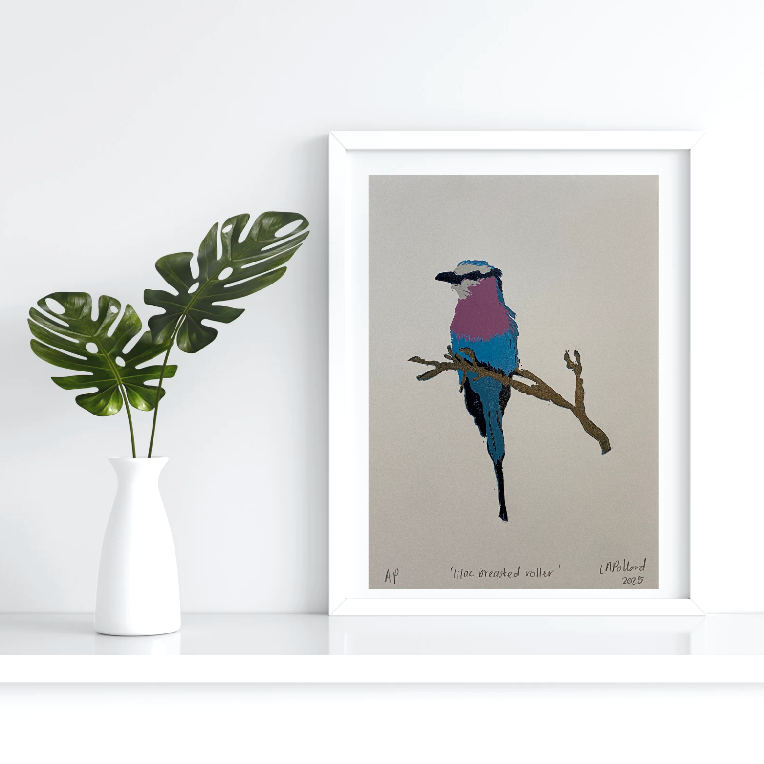 Handmade Original Linocut Reduction Print - Lilac Breasted Roller
