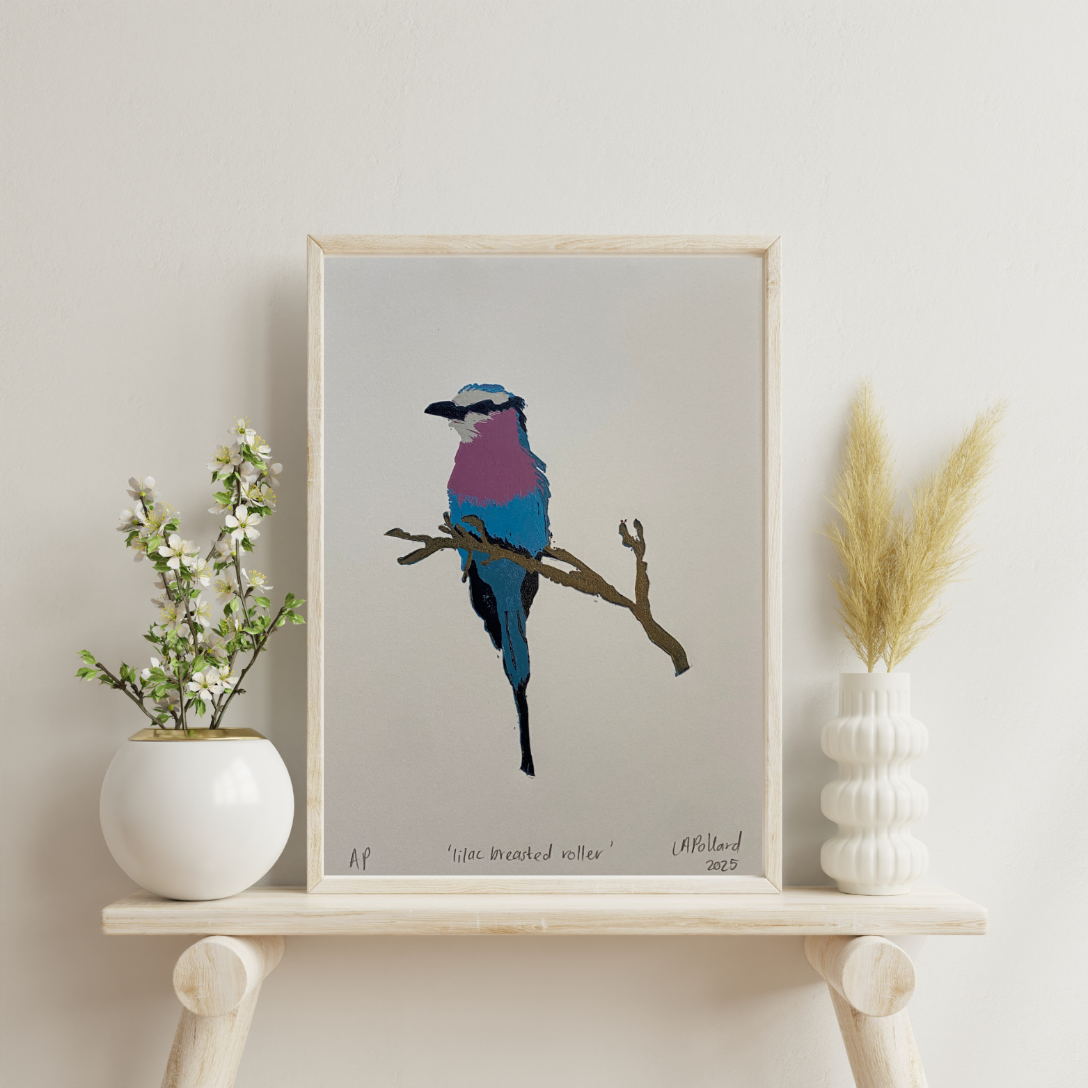 Handmade Original Linocut Reduction Print - Lilac Breasted Roller