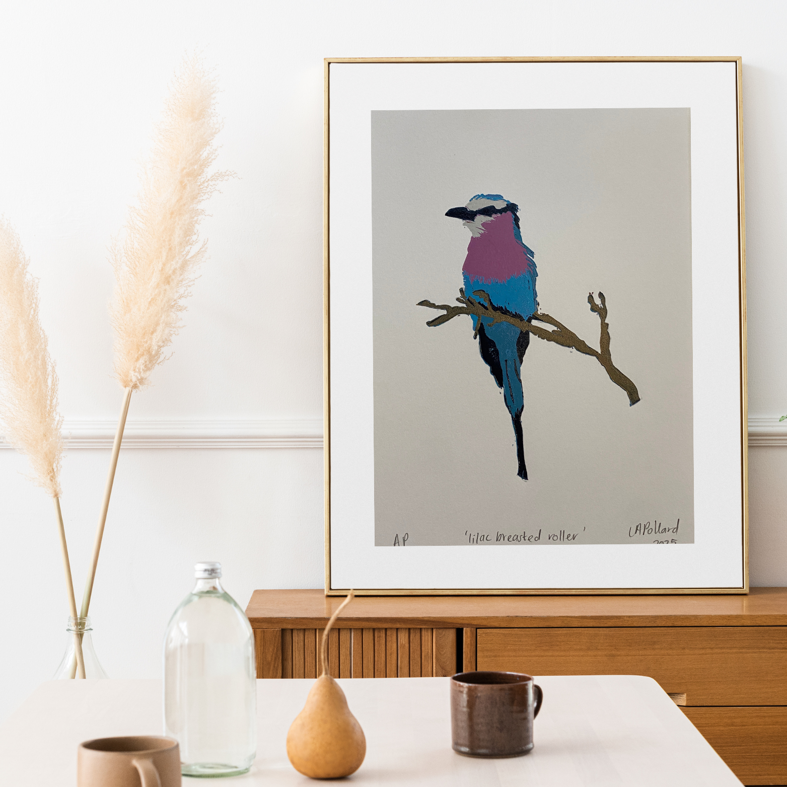 Handmade Original Linocut Reduction Print - Lilac Breasted Roller