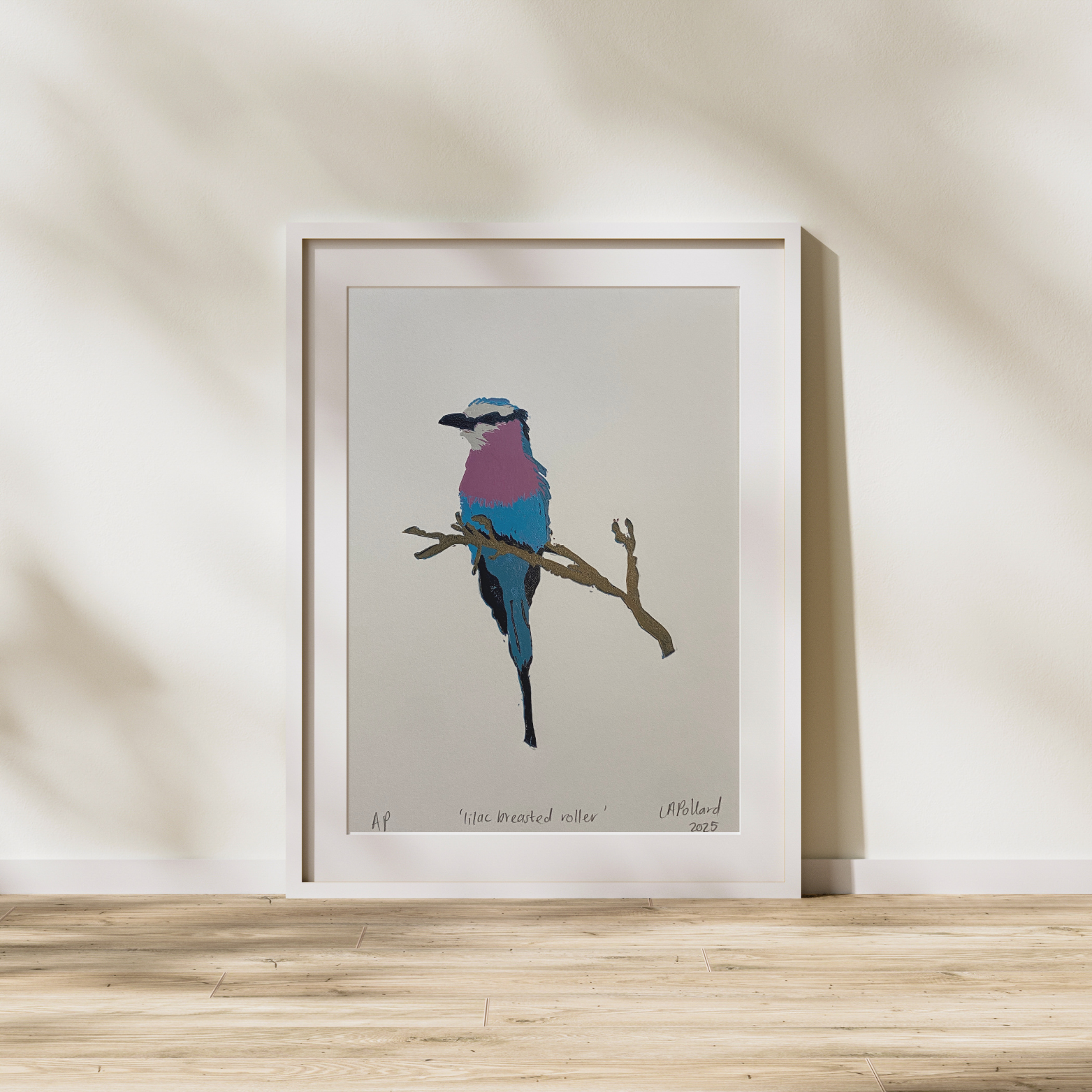 Handmade Original Linocut Reduction Print - Lilac Breasted Roller