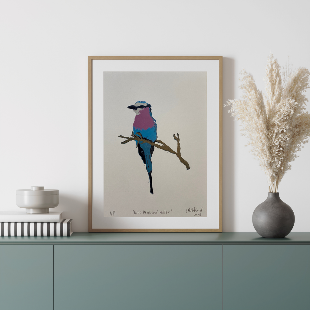Handmade Original Linocut Reduction Print - Lilac Breasted Roller