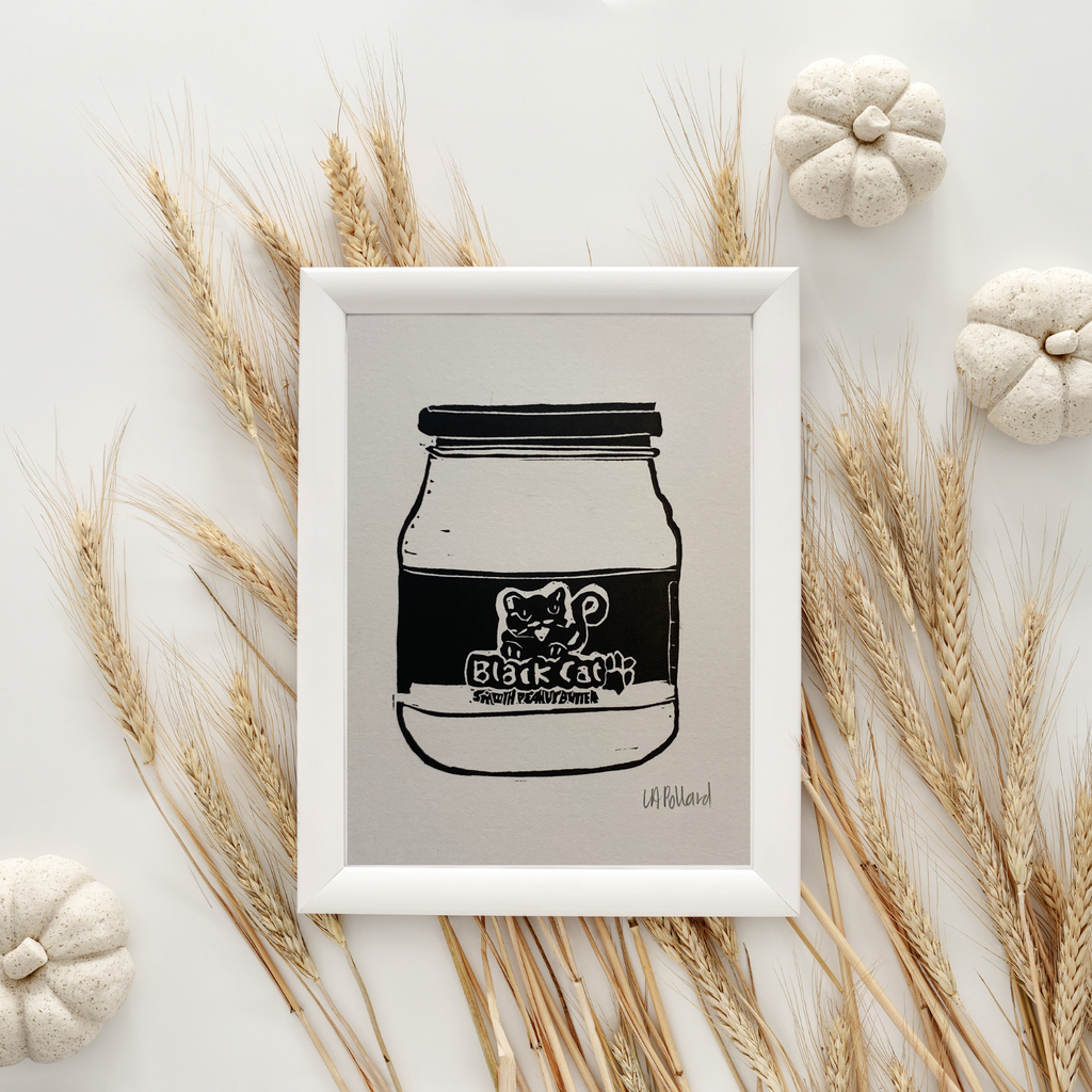 Handmade Original Linocut Print - Black Cat Peanut Butter