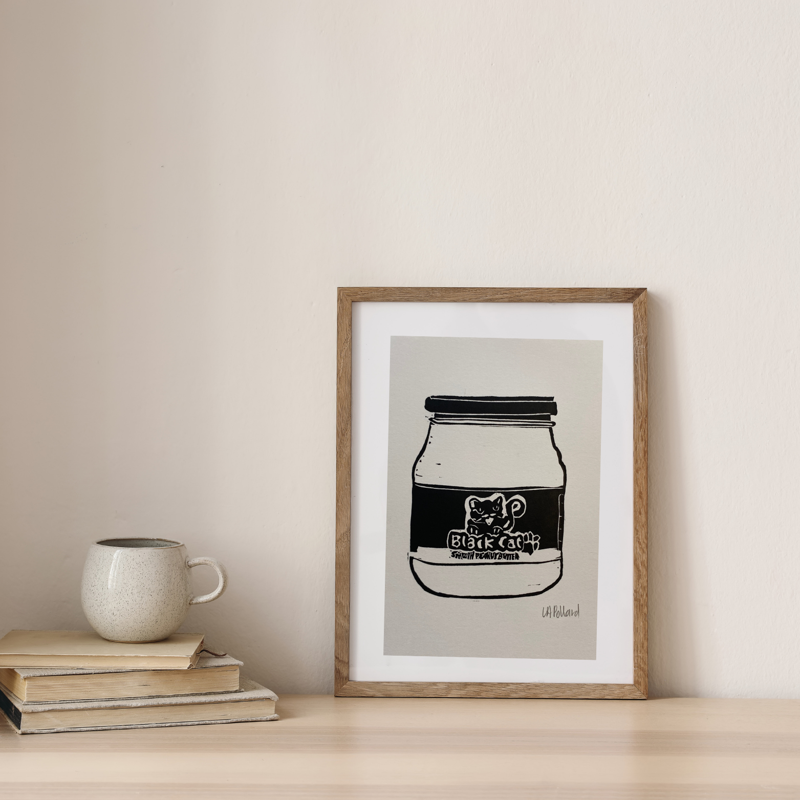 Handmade Original Linocut Print - Black Cat Peanut Butter