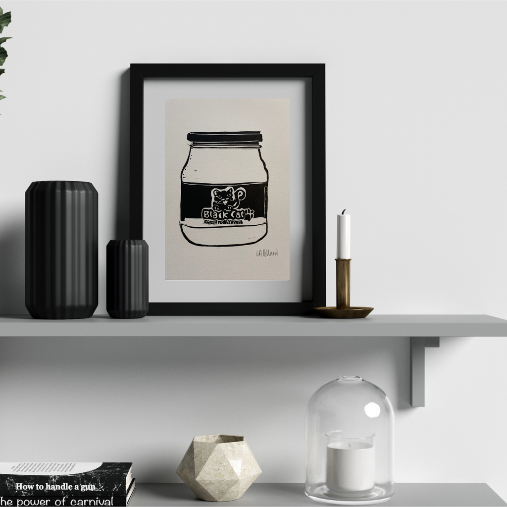 Handmade Original Linocut Print - Black Cat Peanut Butter
