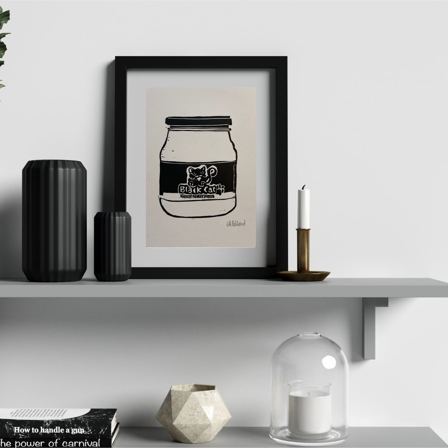 Handmade Original Linocut Print - Black Cat Peanut Butter