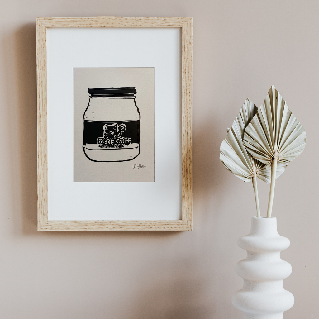 Handmade Original Linocut Print - Black Cat Peanut Butter