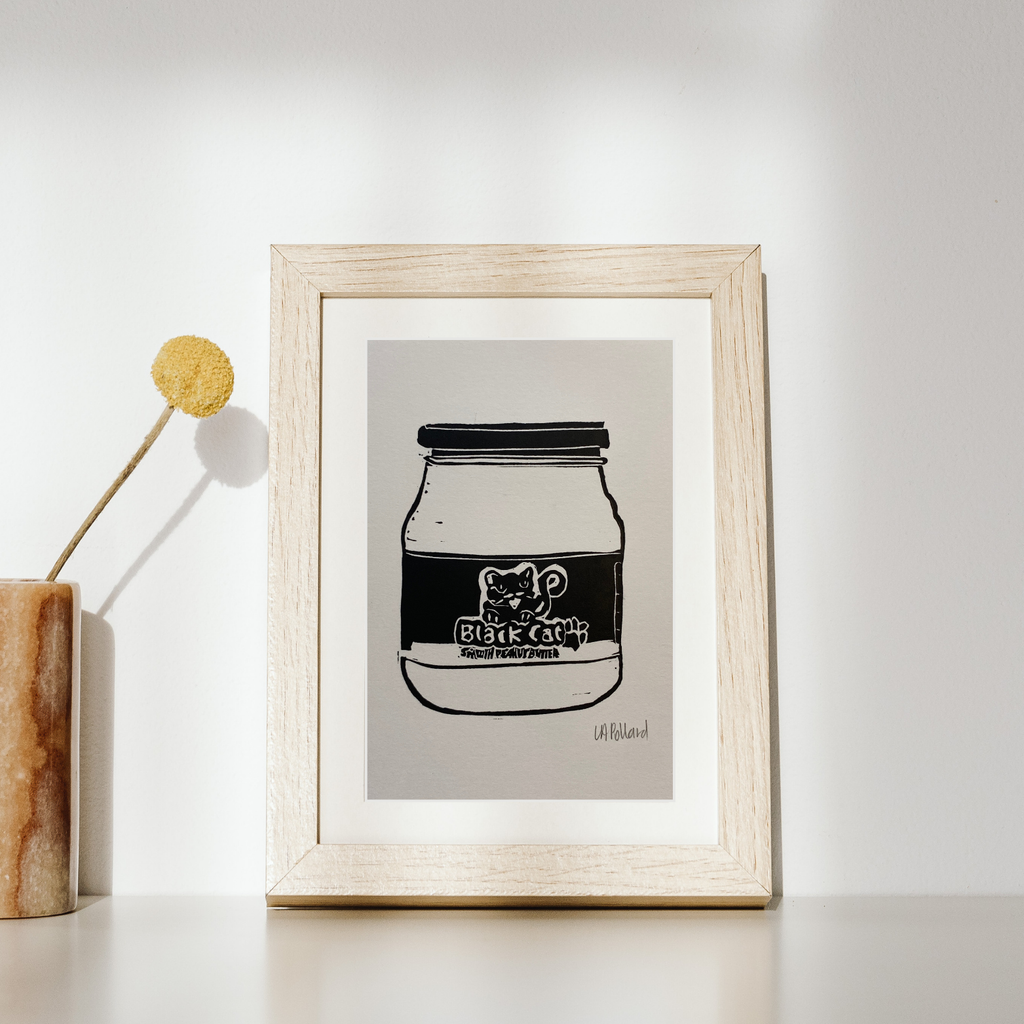 Handmade Original Linocut Print - Black Cat Peanut Butter