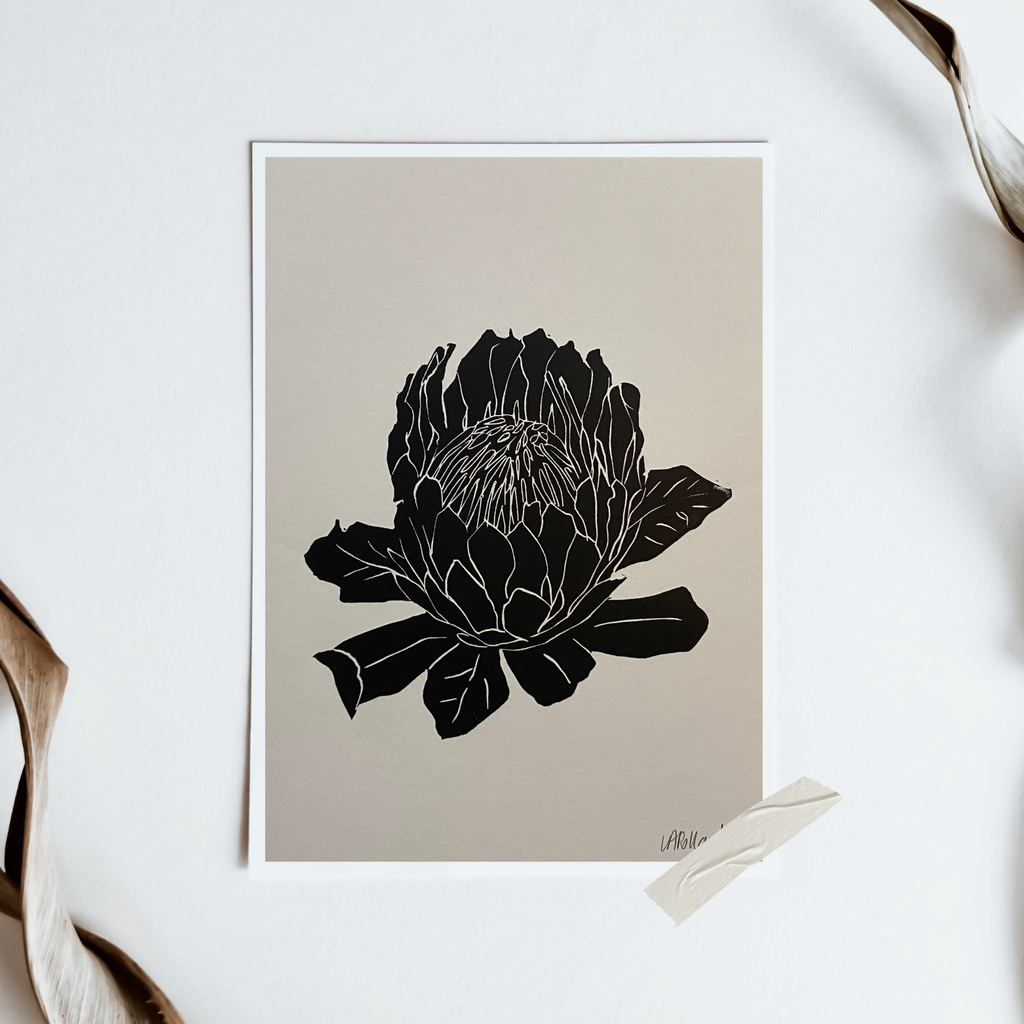 Handmade Original Linocut Print - Protea (A5)