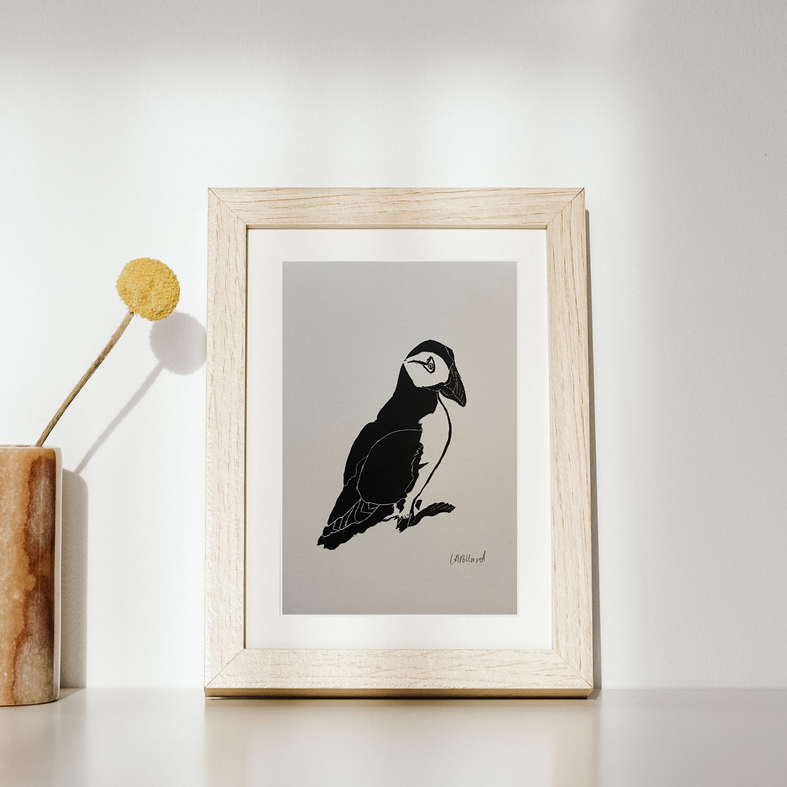 Handmade Original Linocut Print - Puffin