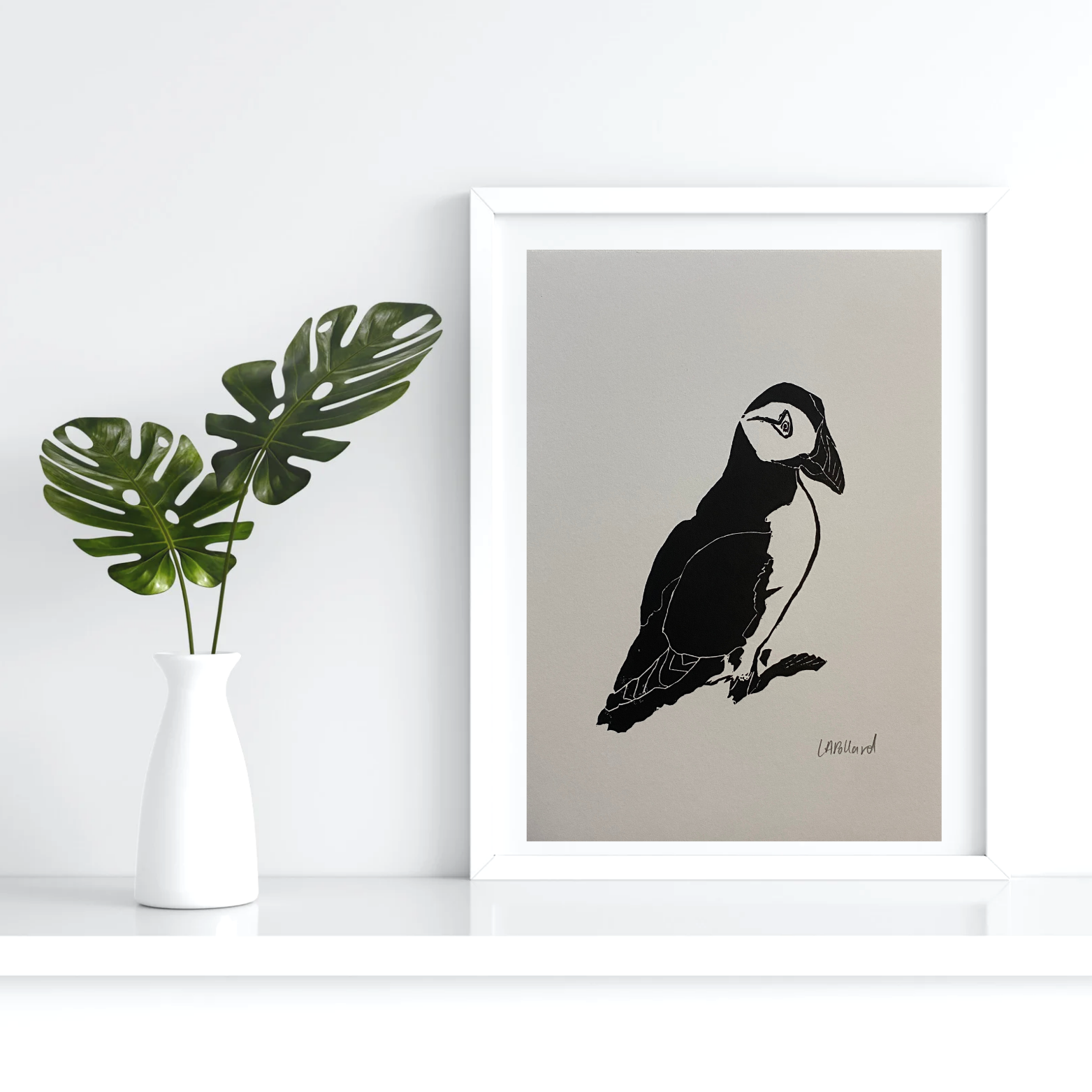 Handmade Original Linocut Print - Puffin