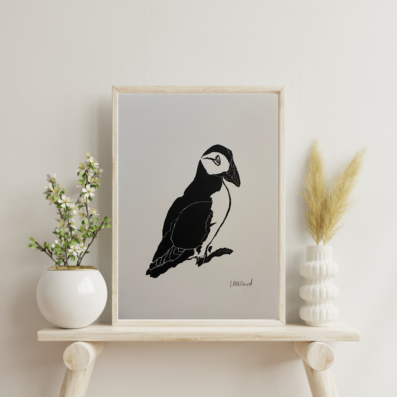 Handmade Original Linocut Print - Puffin
