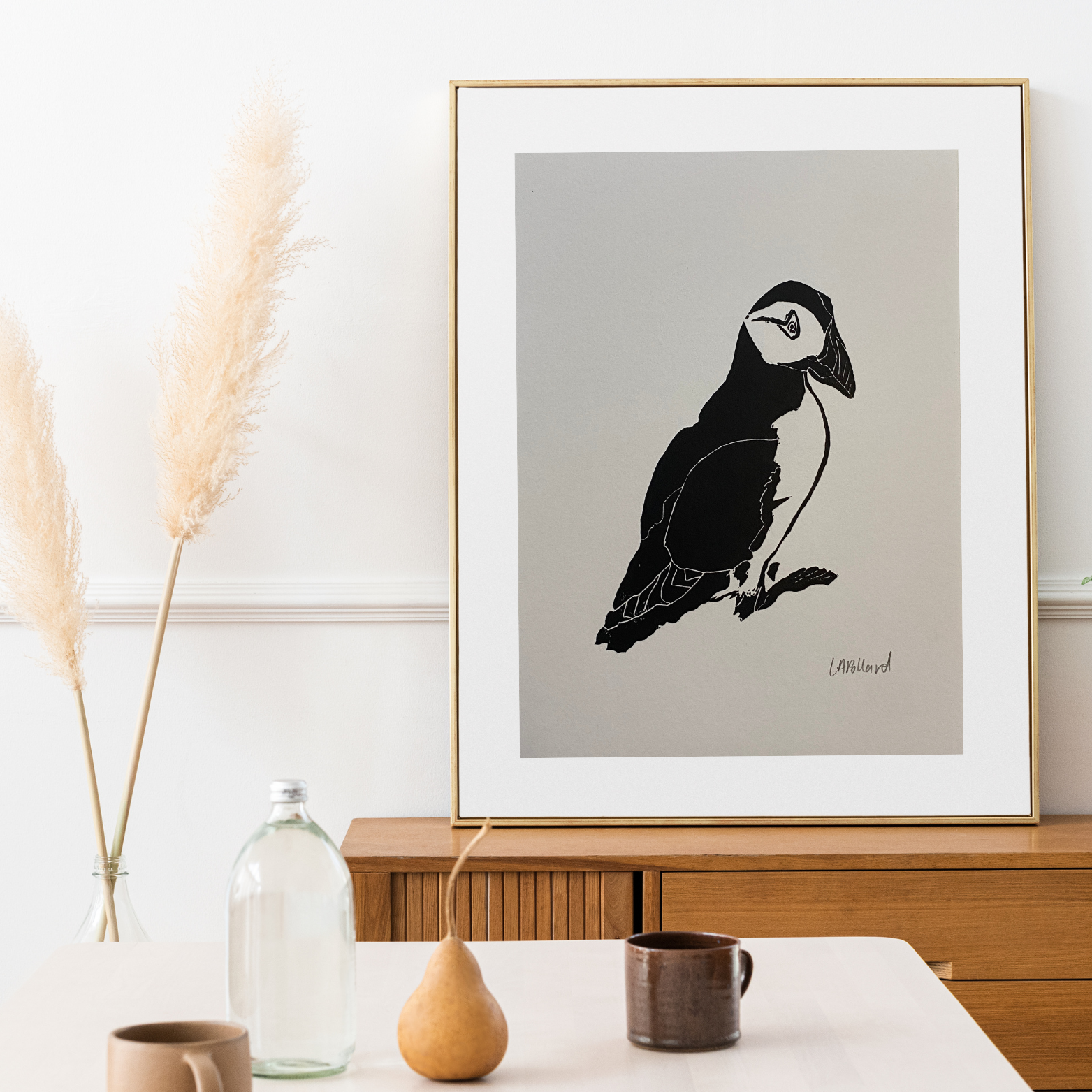 Handmade Original Linocut Print - Puffin