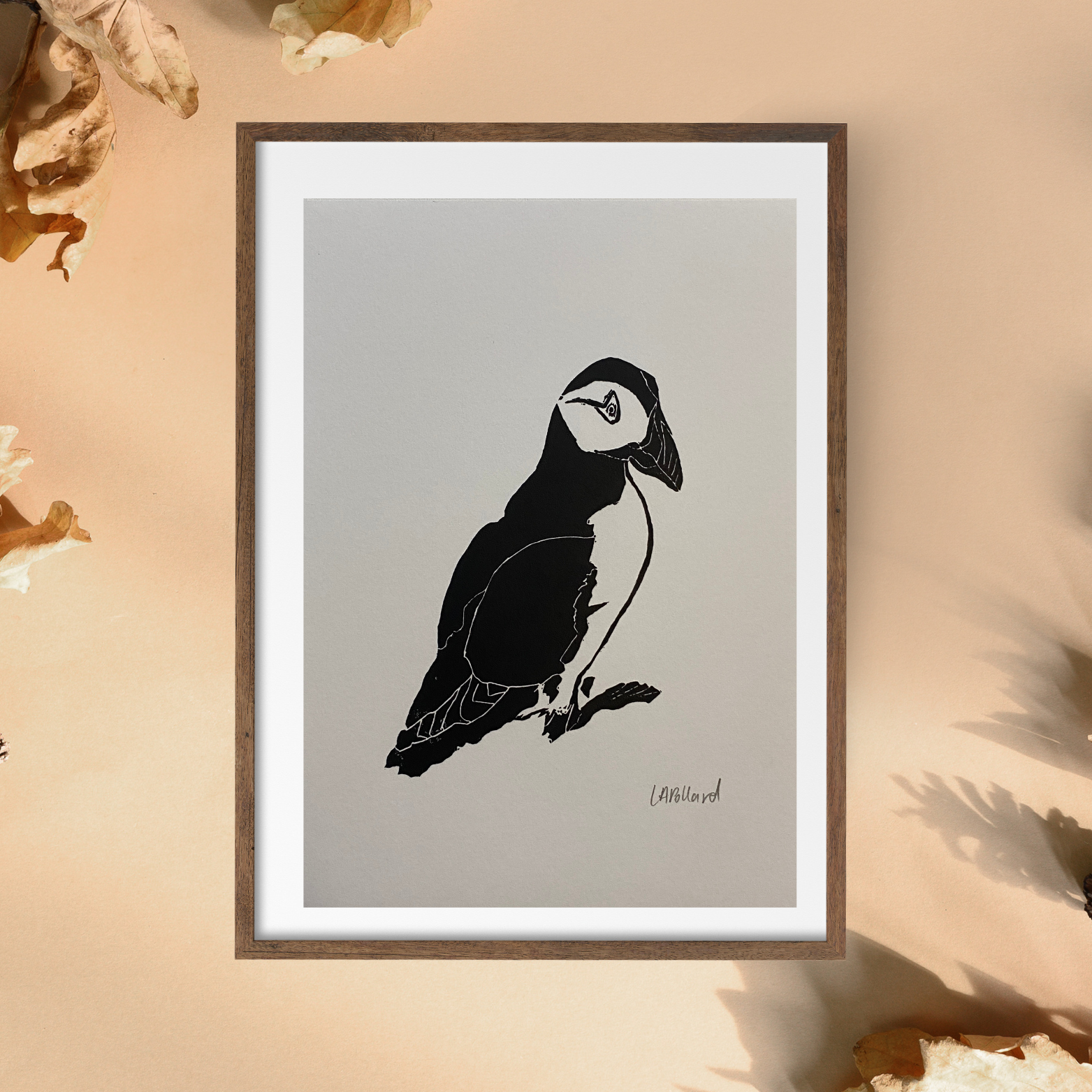 Handmade Original Linocut Print - Puffin