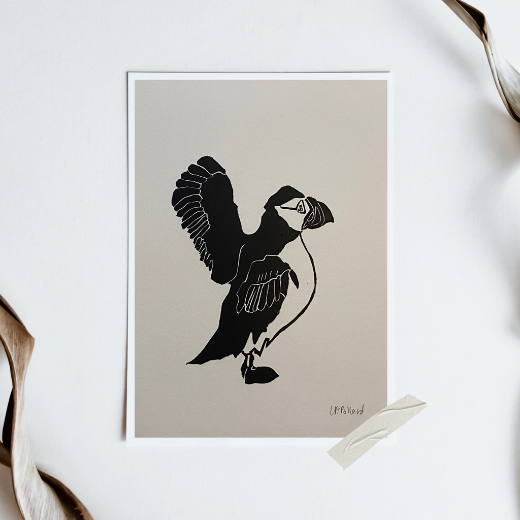 Handmade Original Linocut Print - Puffin