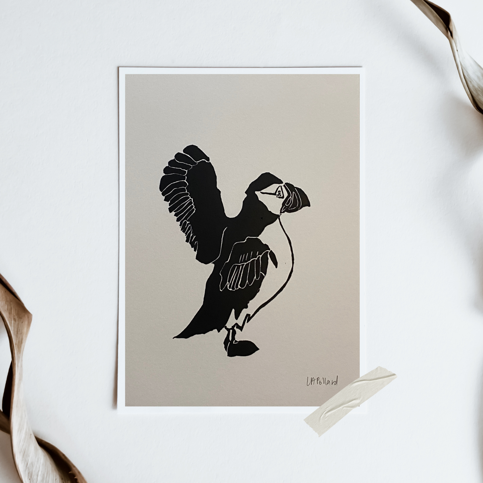 Handmade Original Linocut Print - Puffin