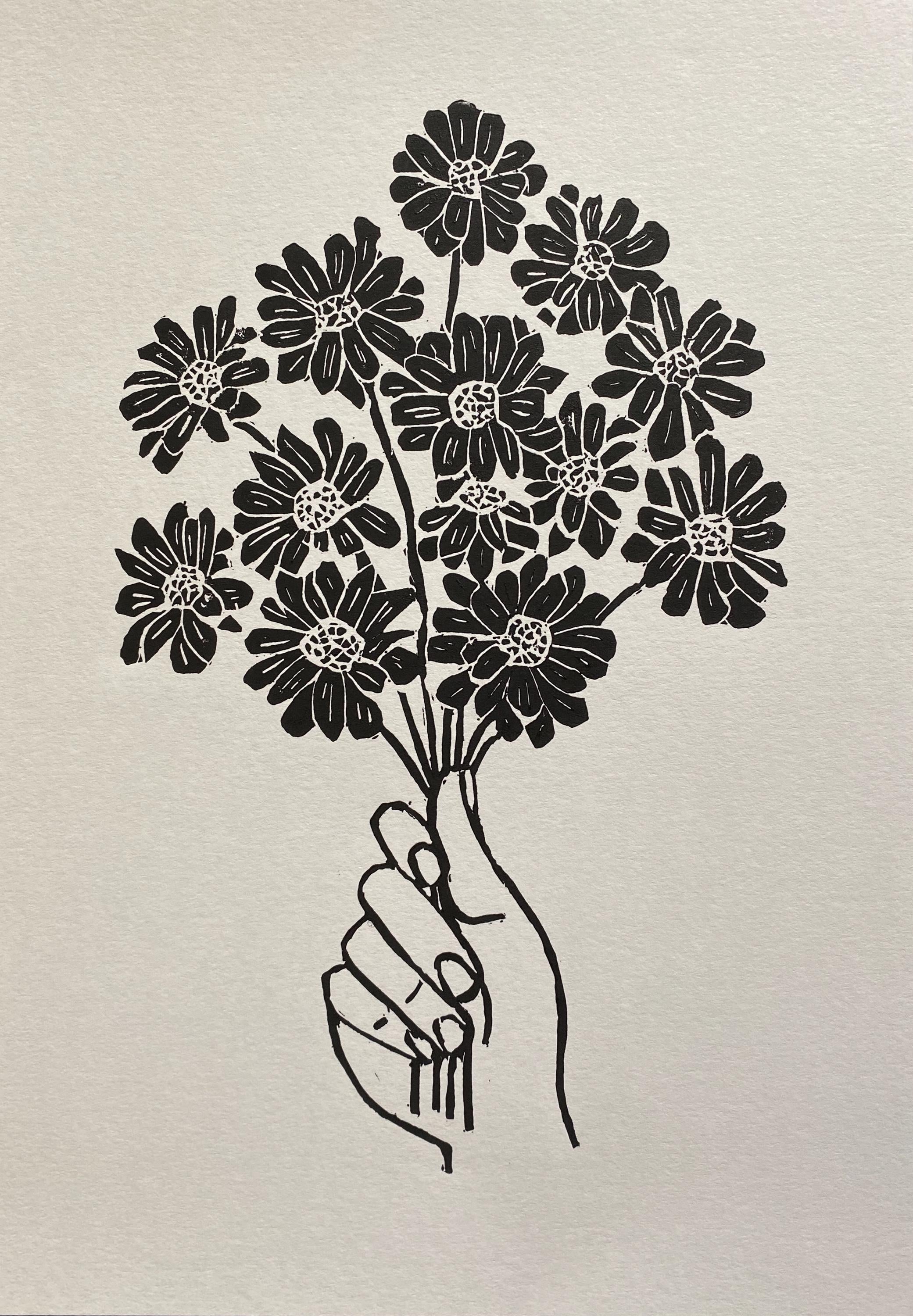 Handmade Original Linocut Print - Handful of Daisies