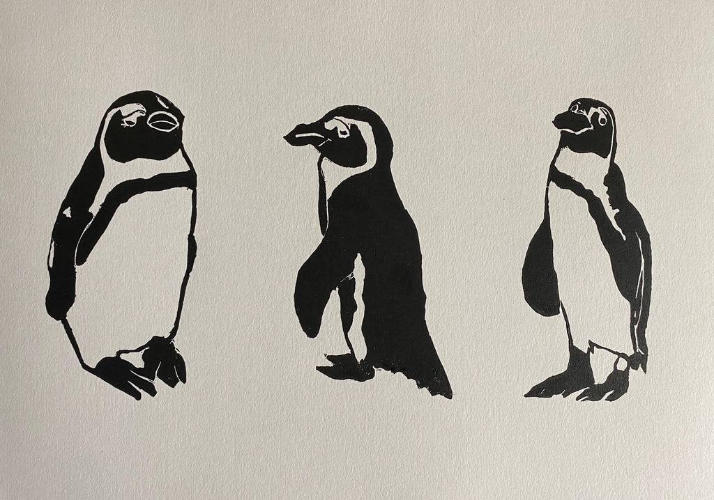 Handmade Original Linocut Print - African Penguin Trio