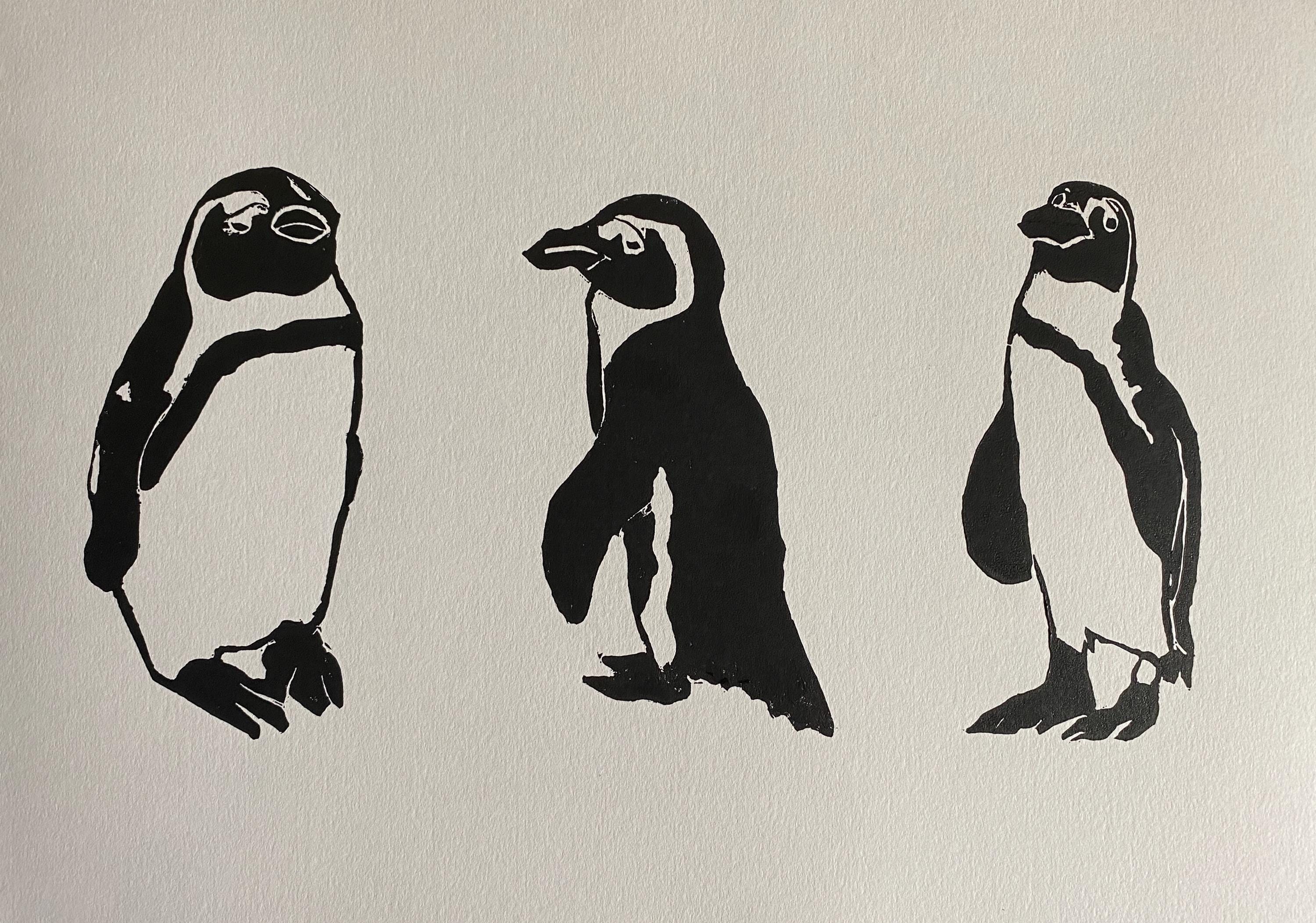 Handmade Original Linocut Print - African Penguin Trio